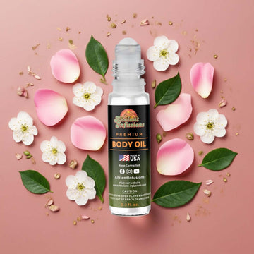 Rose Champagne Body Oil surrounded by delicate floral petals and leaves on a pink background