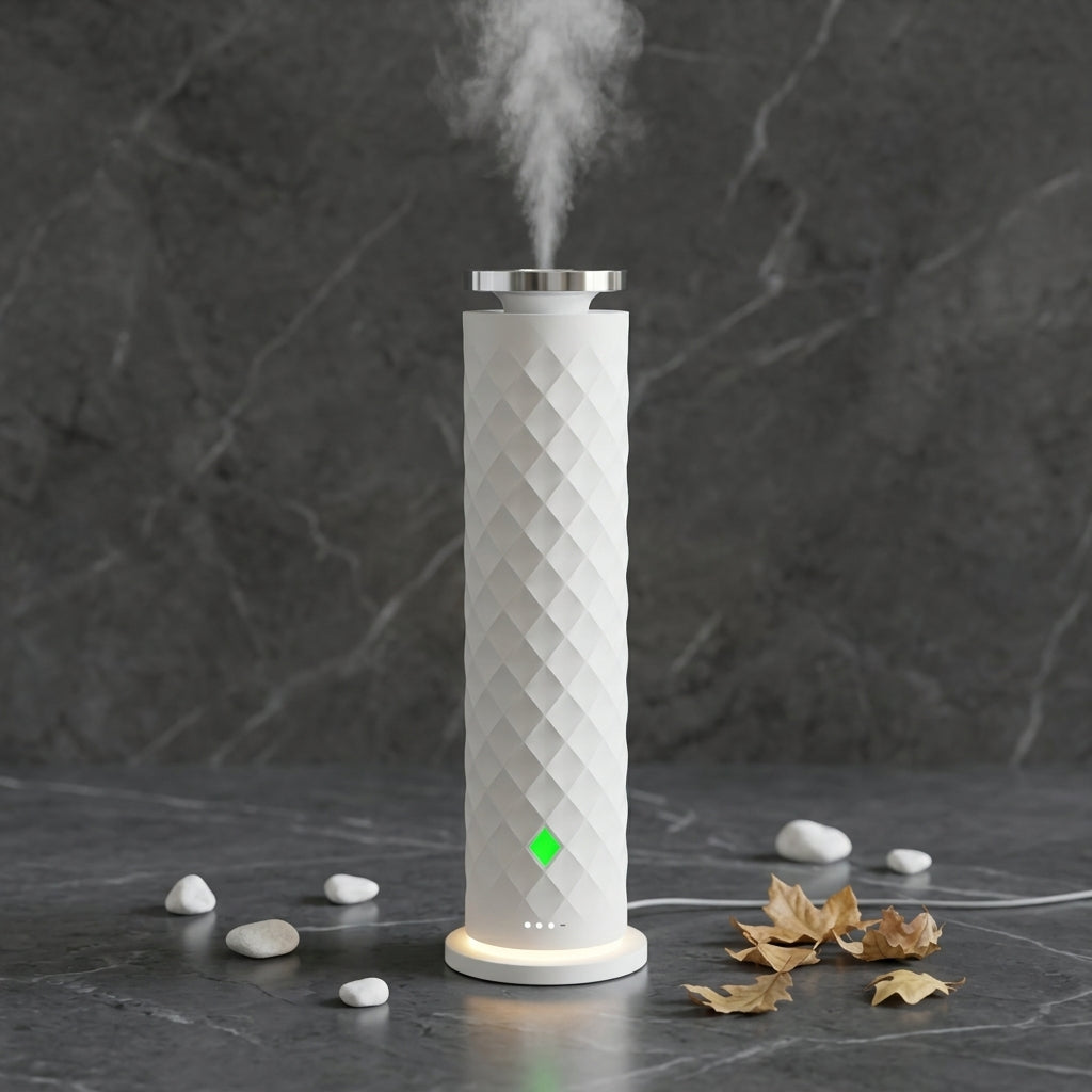 A white cylindrical humidifier with a diamond-patterned textured body, emitting a fine mist from the top. It features a glowing green indicator light and a warm white LED base, set against a dark gray marble background with decorative stones and dried leaves.