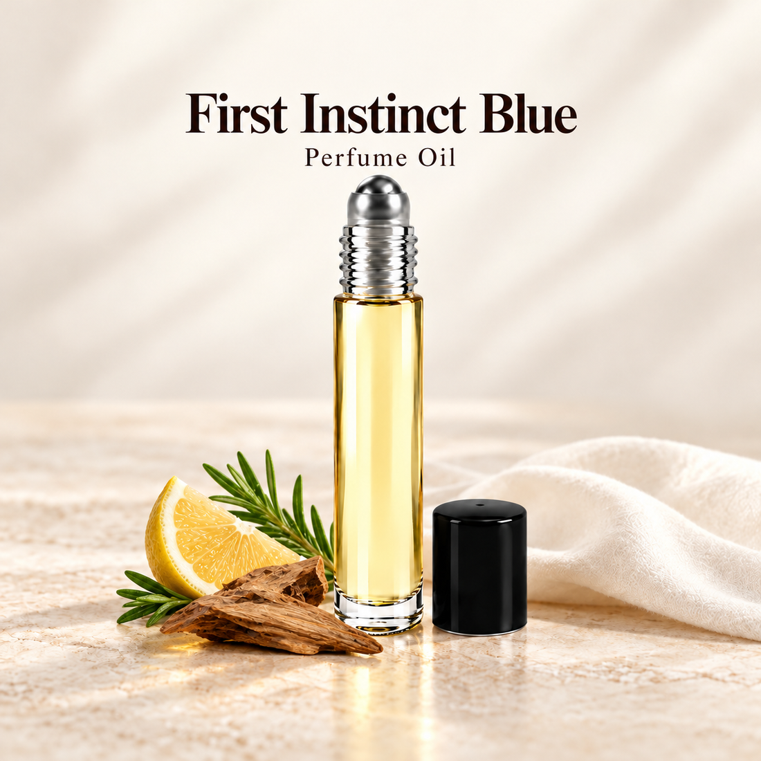 Abercrombie & Fitch First Instinct Blue Perfume Oil with simple scent note accents on soft ivory