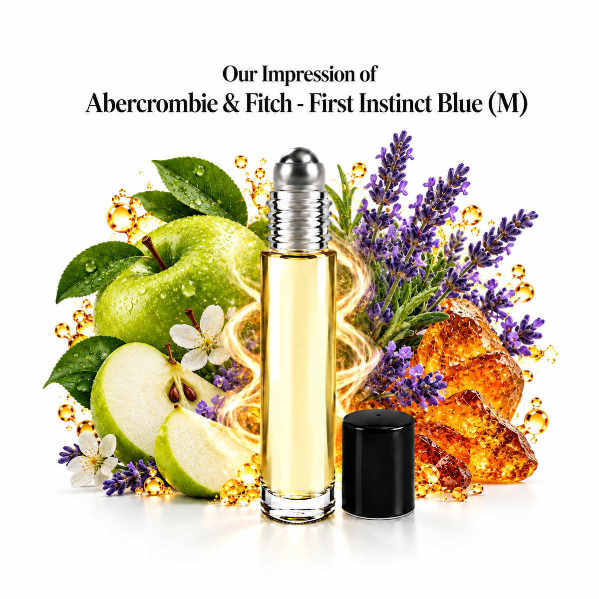 Abercrombie & Fitch - First Instinct Blue Perfume Oil roll-on with fragrance notes on a white background