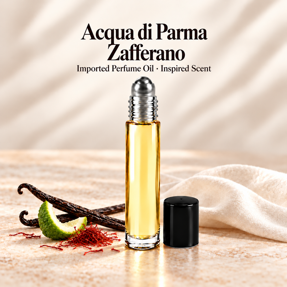 Acqua di Parma Zafferano inspired perfume oil in a clear roll-on bottle on ivory stone with saffron, bergamot peel and vanilla scent illustrations