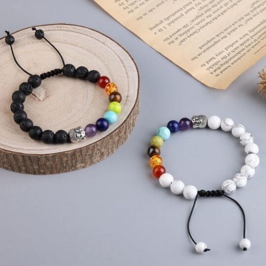 7 Chakra Howlite Energy Bracelet - Buddha Head for Balance and Mindfulness.