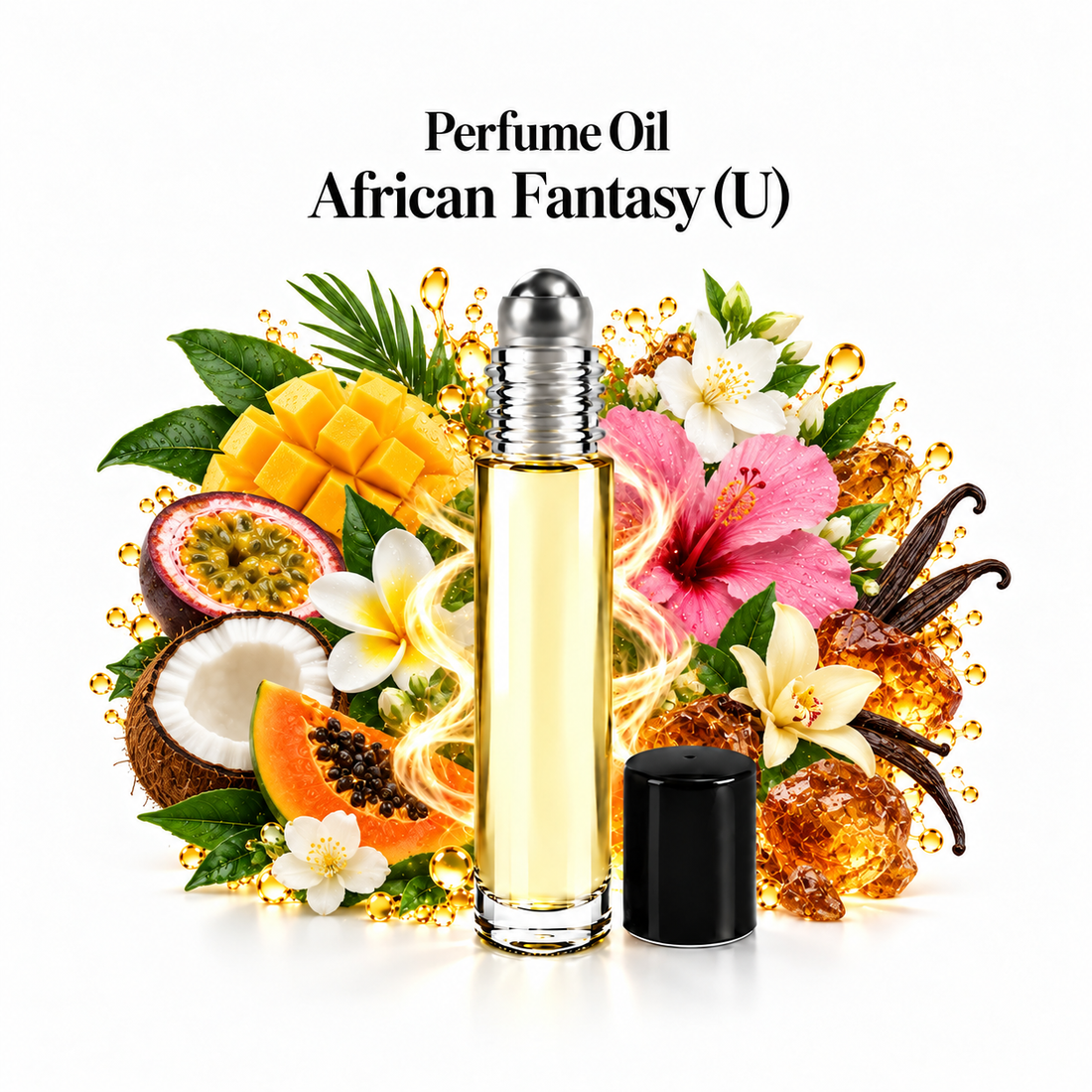 African Fantasy - Perfume Oil roll-on with fragrance notes on a white background