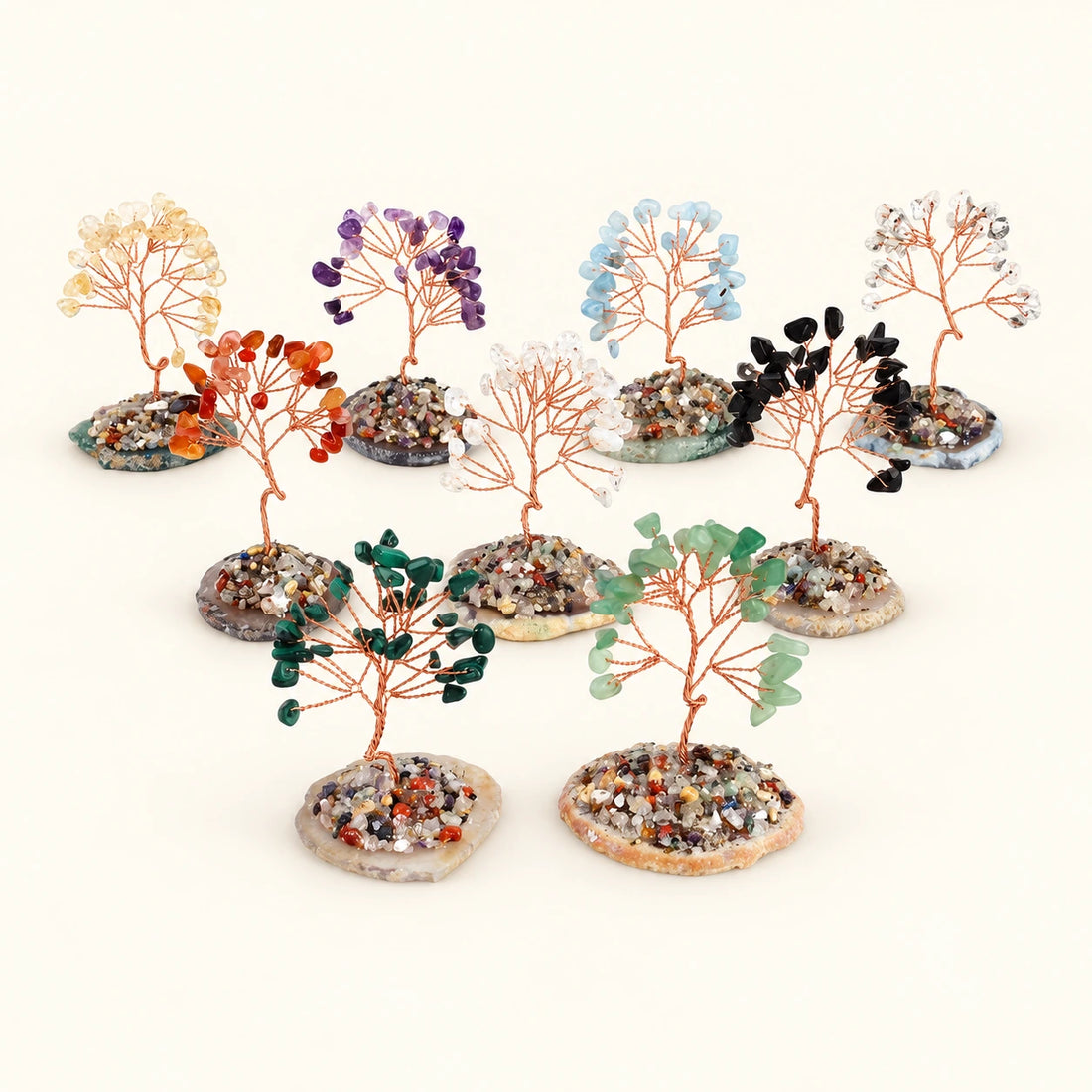 Crystal Trees on Copper Wire on a soft ivory background; view 1.