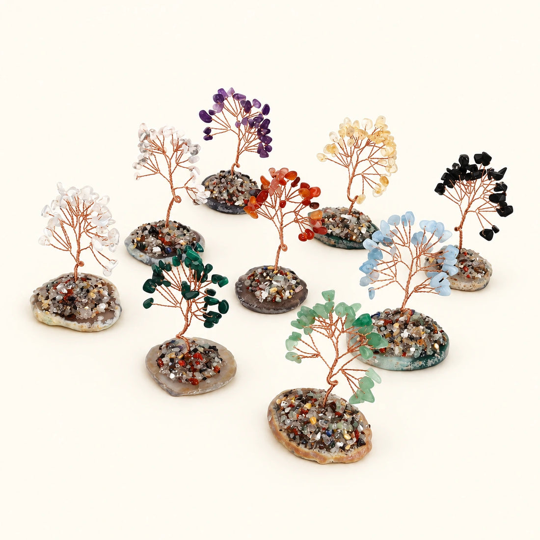 Crystal Trees on Copper Wire on a soft ivory background; view 1.