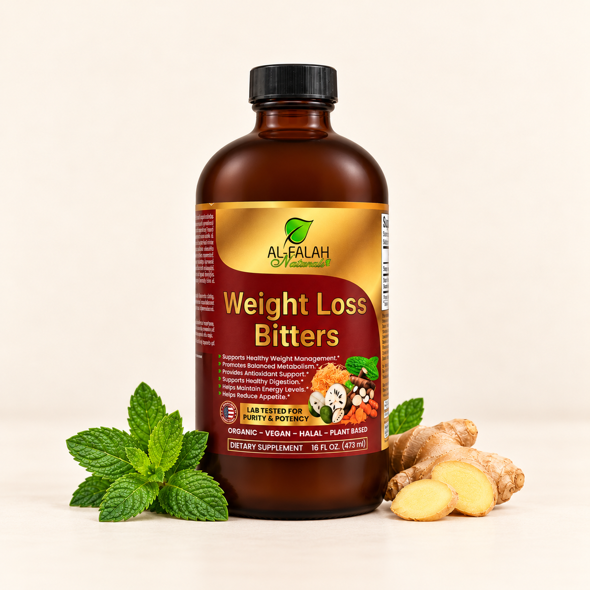 Al-Falah Naturals Weight Loss Bitters 16 fl oz bottle with spearmint and ginger on an ivory background.