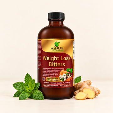 Al-Falah Naturals Weight Loss Bitters 16 fl oz bottle with spearmint and ginger on an ivory background.