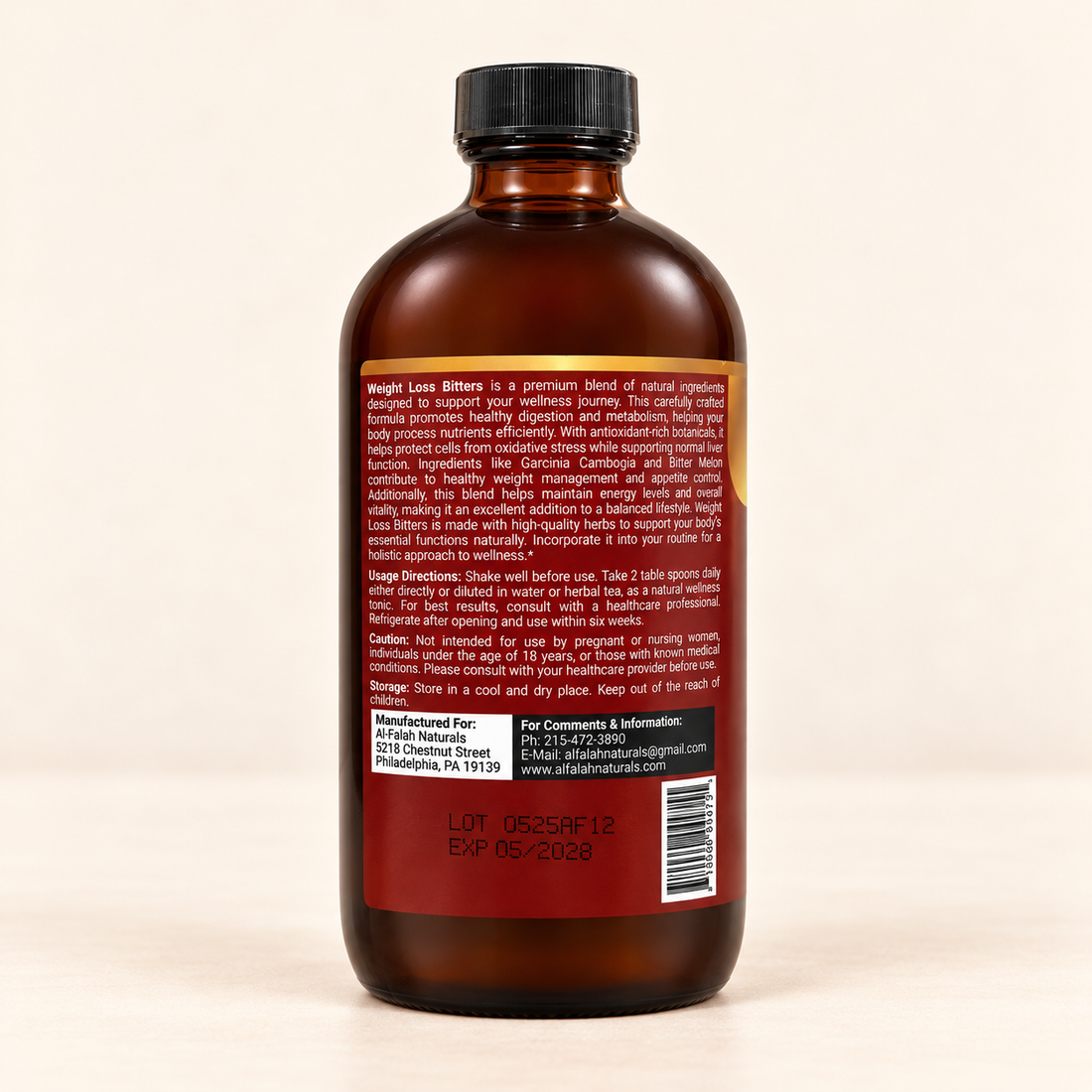 Al-Falah Naturals Weight Loss Bitters 16 fl oz bottle with spearmint and ginger on an ivory background.