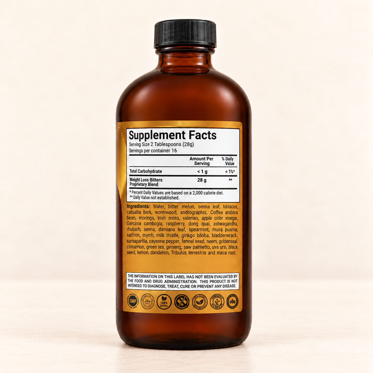 Al-Falah Weight Loss Bitters 16 fl oz supplement facts and ingredient label angle on an ivory background.