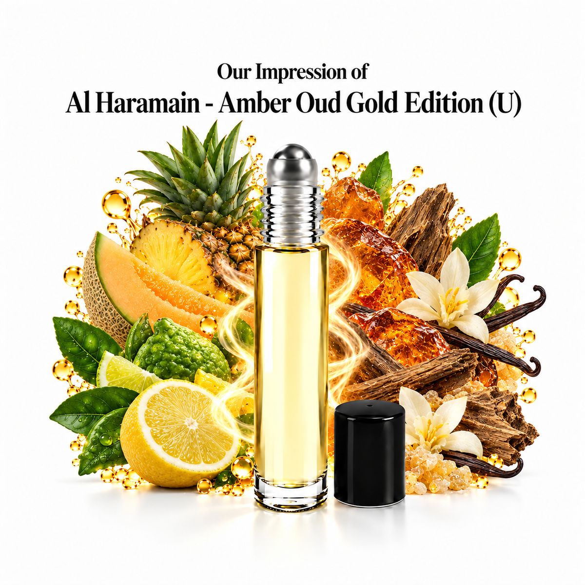 Our impression of Al Haramain - Amber Oud Gold Edition Perfume Oil with fragrance notes on white