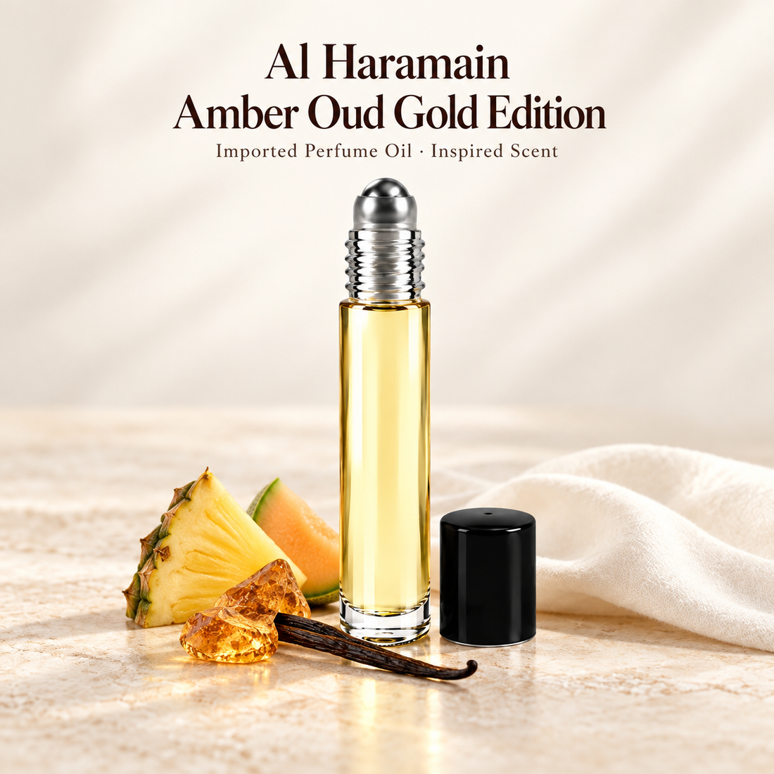 Al Haramain Amber Oud Gold Edition inspired imported perfume oil with pineapple, melon, amber and vanilla accents on soft ivory