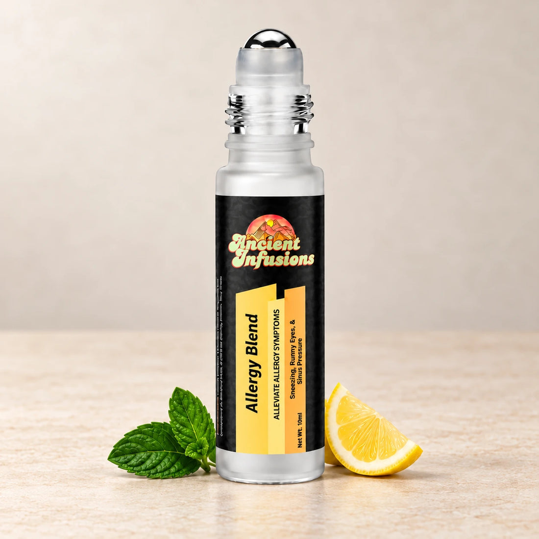Ancient Infusions Allergy Herbal Remedy Oil Clear & Refresh single roller bottle with botanical accents on a soft ivory stone background.