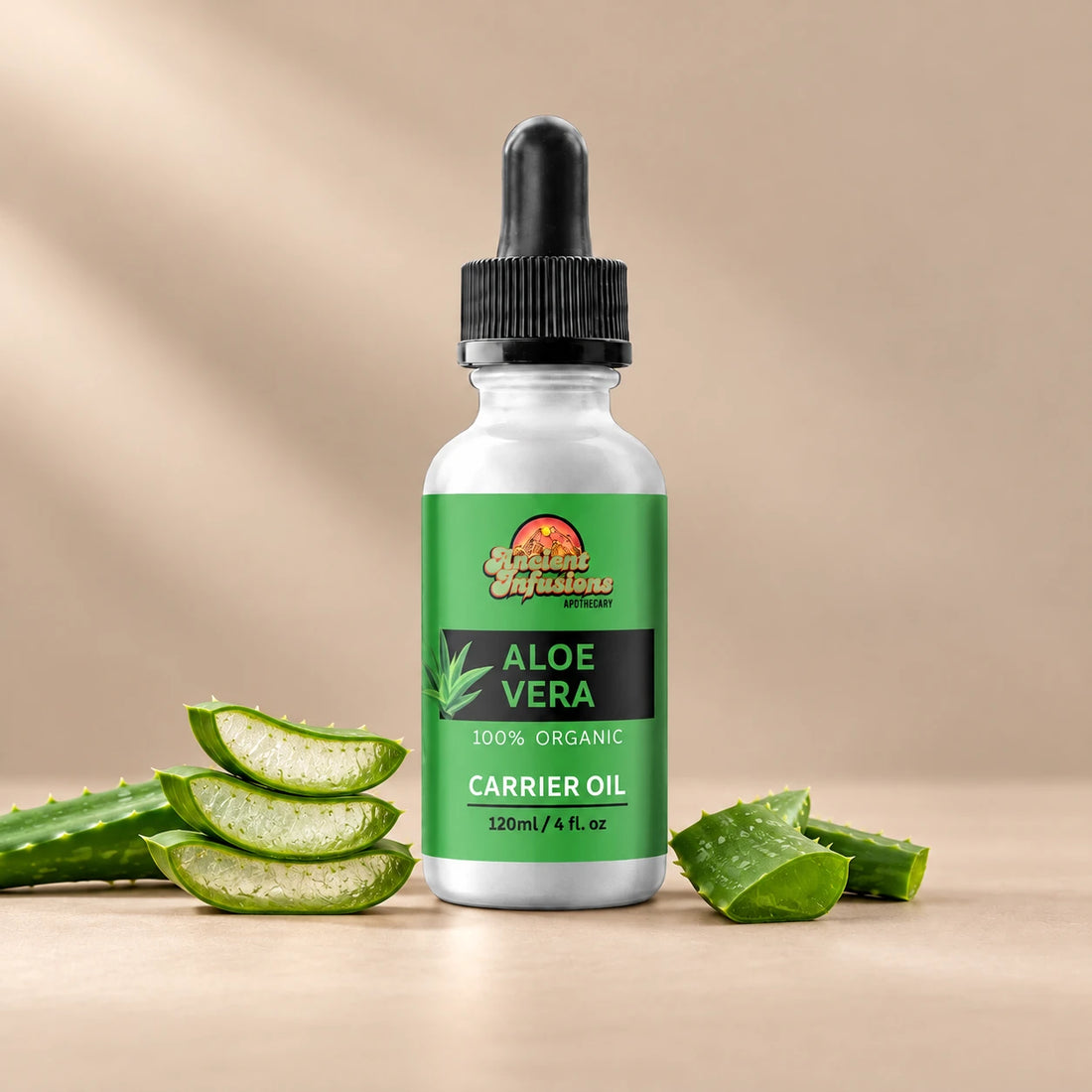 Ancient Infusions Aloe Vera Carrier Oil silver bottle with black dropper on a warm stone background.
