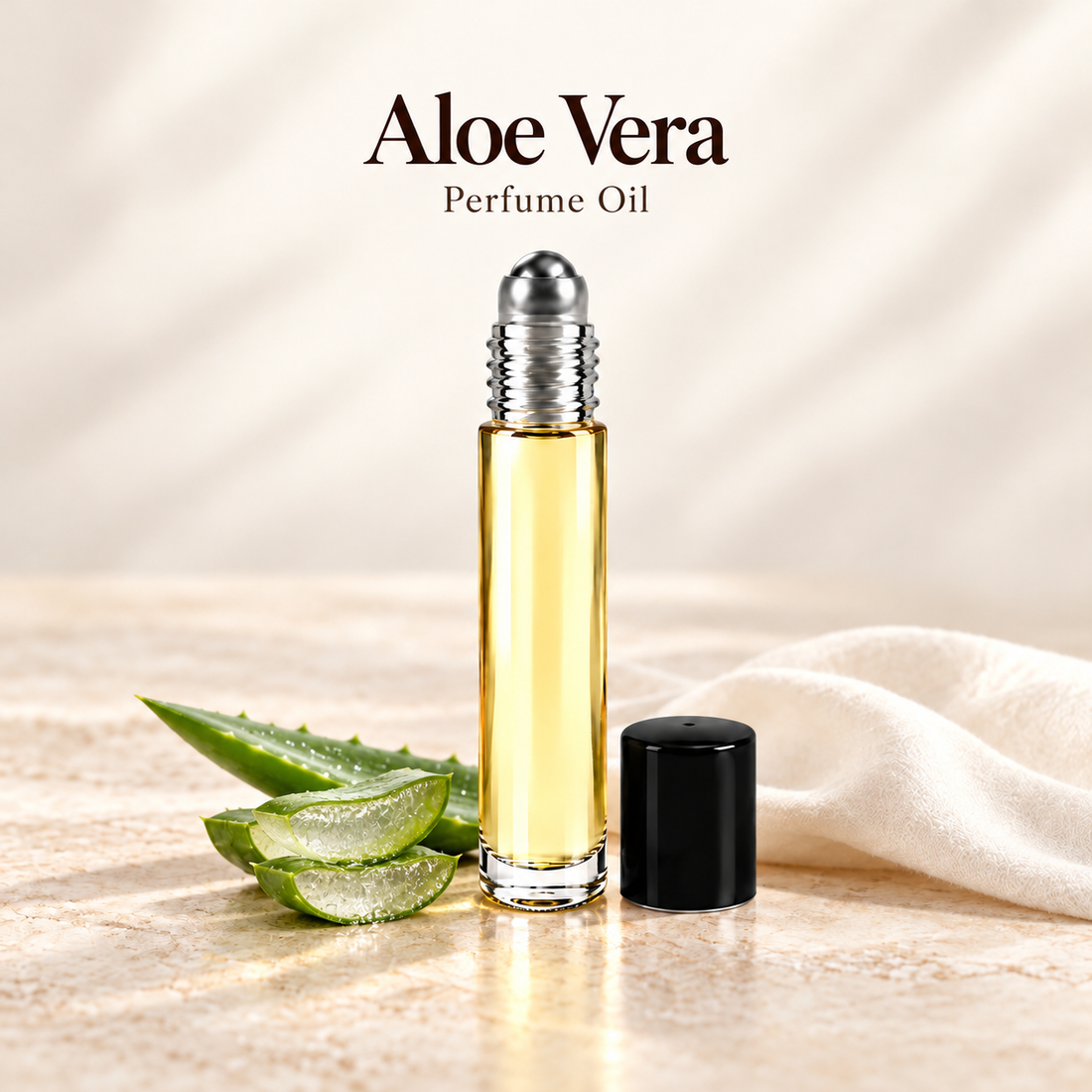 Aloe Vera Perfume Oil with simple scent note accents on soft ivory