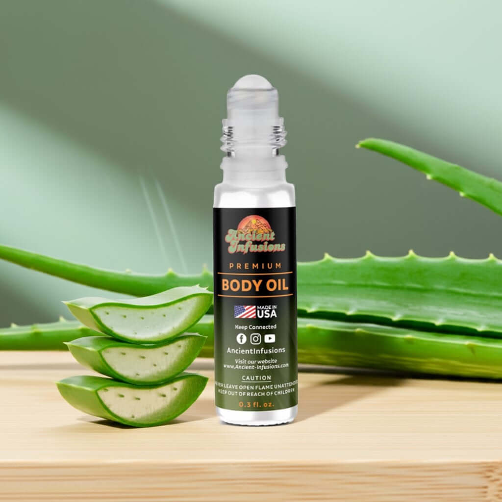 Alt Tag: Aloe Vera Body Oil - Pure & Uncut roll-on bottle with aloe vera leaves in the background, showcasing natural skincare product.