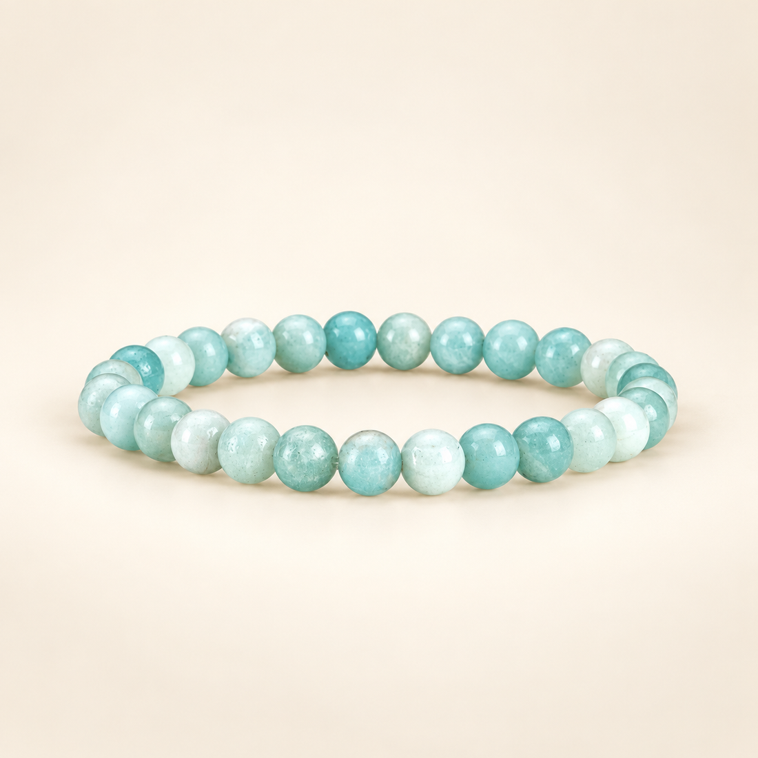 Amazonite Elastic Bracelet on a soft ivory background, view 1