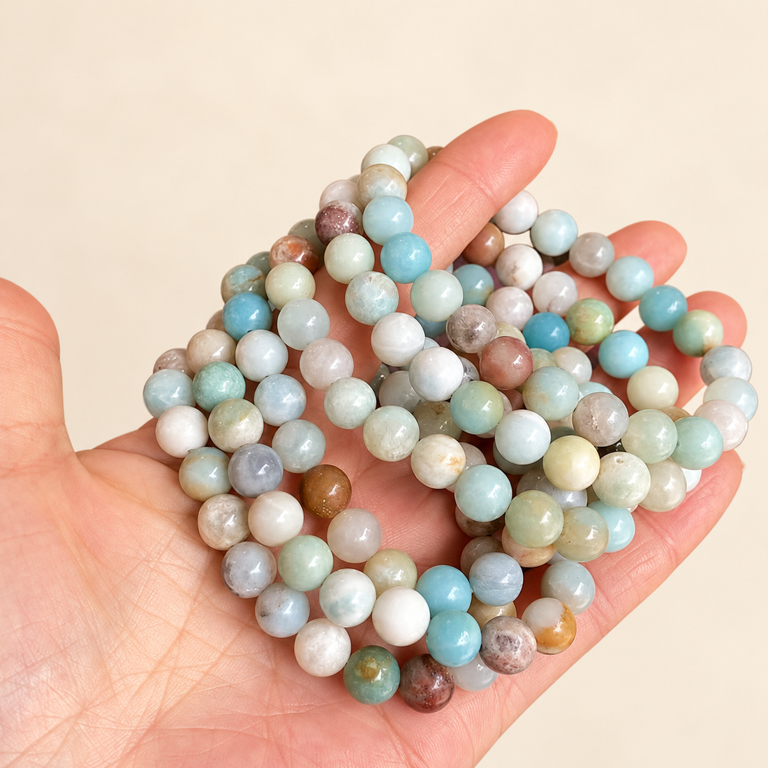 Amazonite Elastic Bracelet on a soft ivory background, view 1