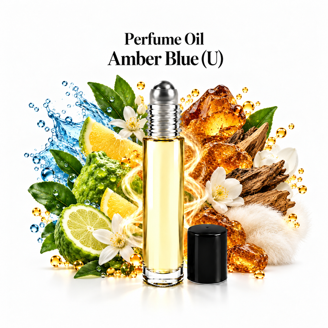 Amber Blue - Perfume Oil roll-on with fragrance notes on a white background
