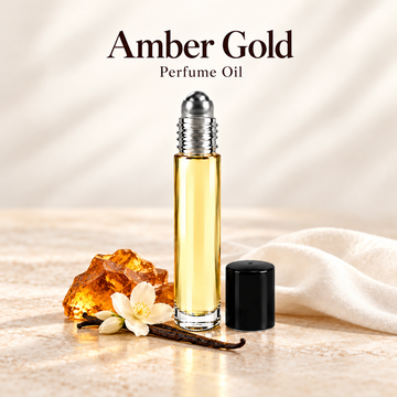 Amber Gold Perfume Oil with simple scent note accents on soft ivory