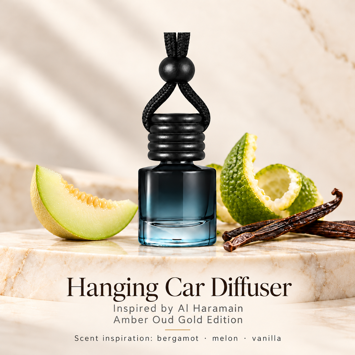 Amber Oud Gold Edition inspired hanging car diffuser with bergamot, melon and vanilla scent illustrations on ivory stone