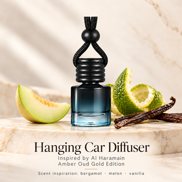 Amber Oud Gold Edition inspired hanging car diffuser with bergamot, melon and vanilla scent illustrations on ivory stone