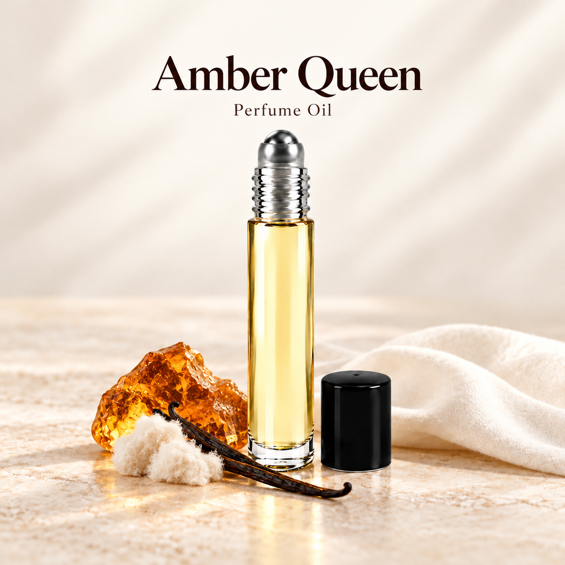 Amber Queen Perfume Oil with simple scent note accents on soft ivory