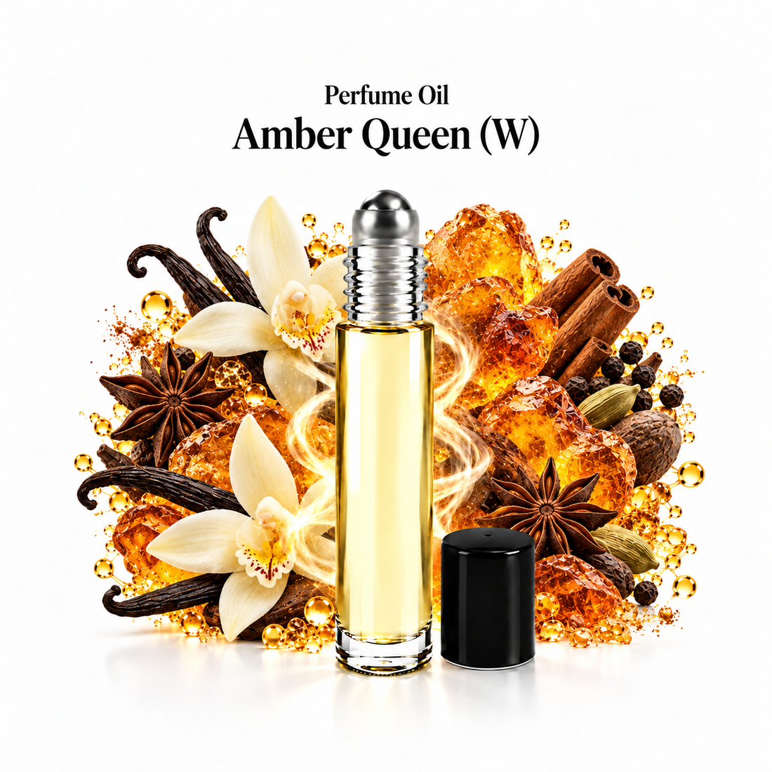 Amber Queen - Perfume Oil roll-on with fragrance notes on white