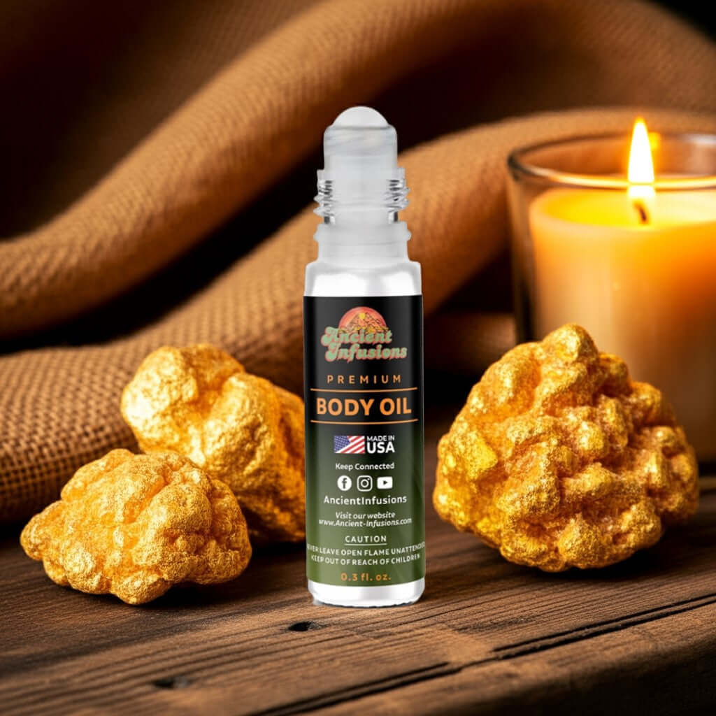 Amber Body Oil Roll-On with golden resin, soothing scent, and candlelight ambiance