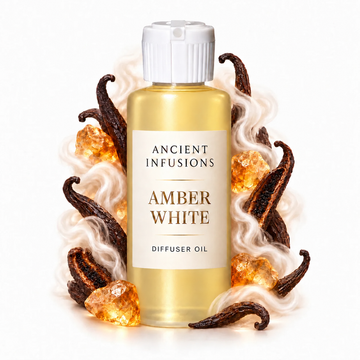 Amber White Diffuser Oil by Ancient Infusions with golden oil, white cap and matching scent artwork