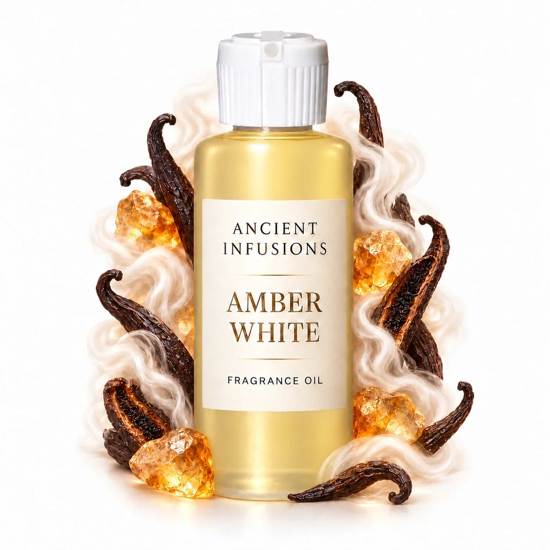 Amber White fragrance oil by Ancient Infusions, filled with pale yellow oil and surrounded by amber resin, vanilla pods and white musk-inspired wisps.