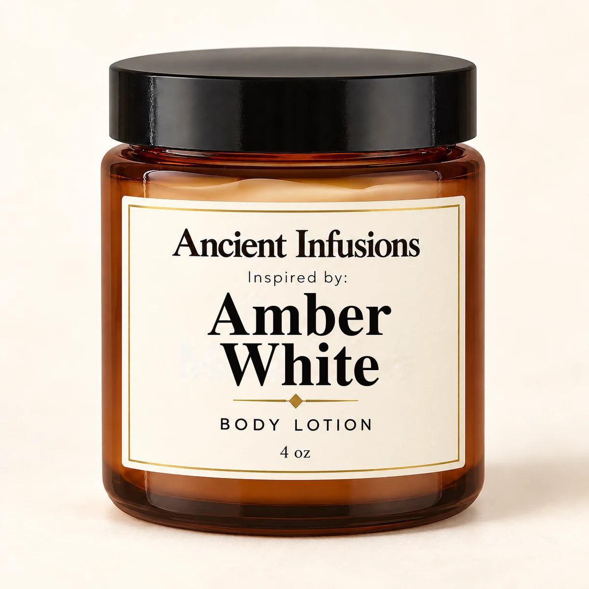 Amber White Inspired Body Lotion by Ancient Infusions — 4 oz amber glass jar