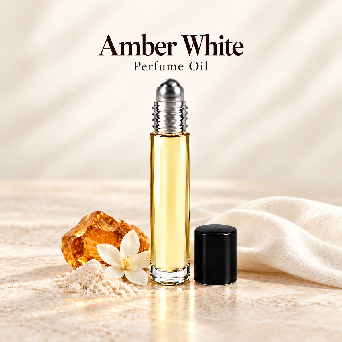 Amber White Perfume Oil with simple scent note accents on soft ivory