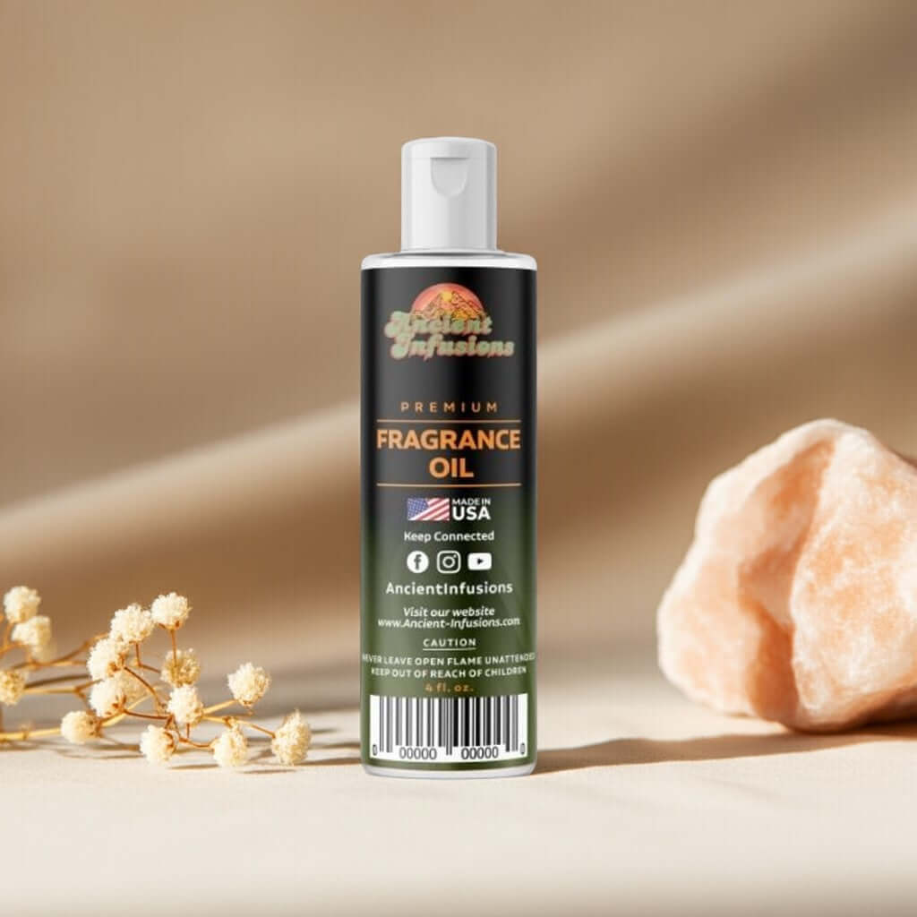 Amber White Fragrance Oil bottle on beige background with dried flowers and stone, highlighting the soft and spiritual essence.