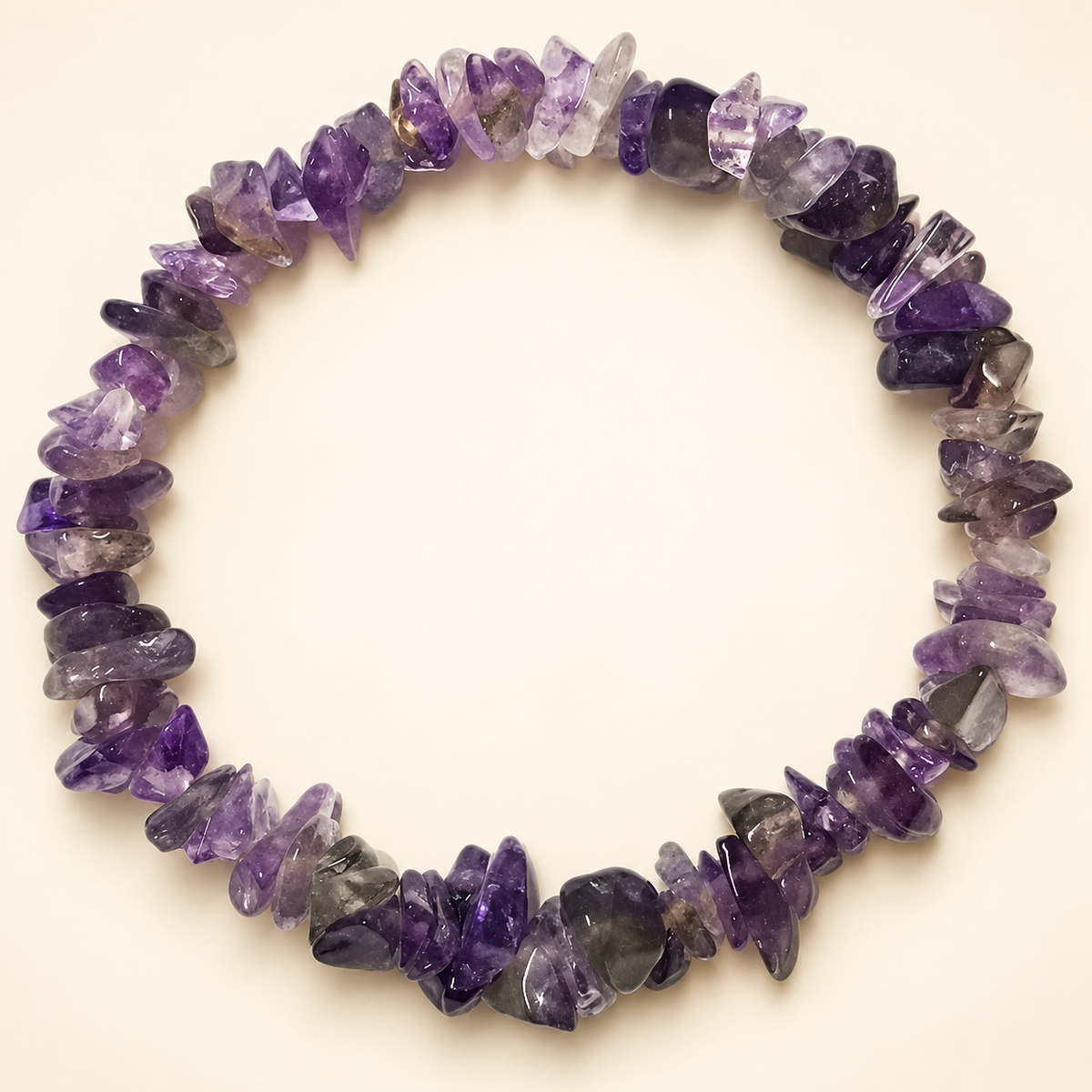Amethyst Chips Elastic Bracelet on a soft ivory background, view 1