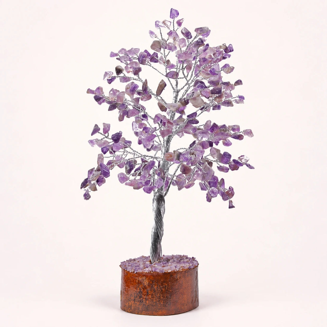 Amethyst Crystal Tree Silver Wire on a soft ivory background; view 1.