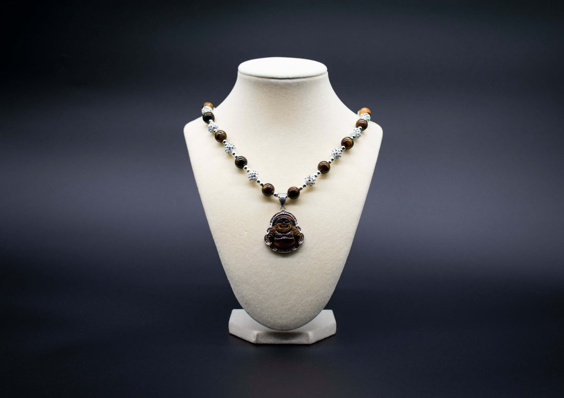 Tiger's Eye Laughing Buddha Beaded Necklace pendant, handcrafted with genuine crystals to promote joy, abundance, and positive energy.