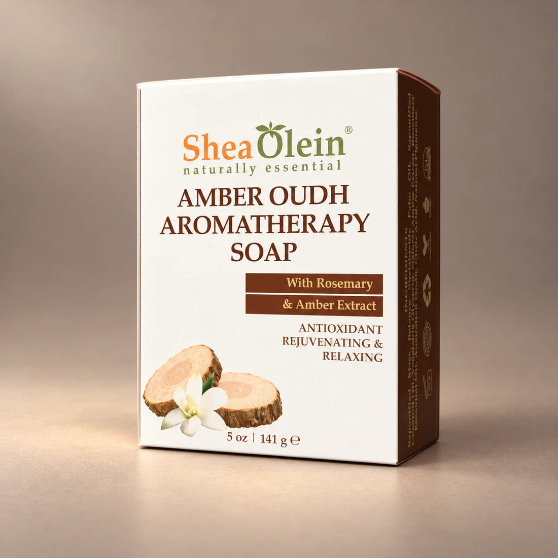 Shea Olein Amber Oudh Bar Soap in its original 5 oz retail box.