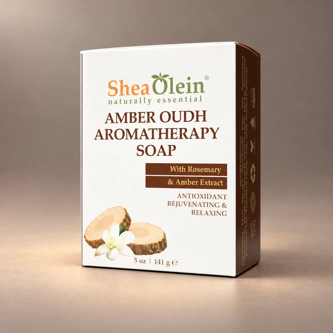 Shea Olein Amber Oudh Bar Soap in its original 5 oz retail box.