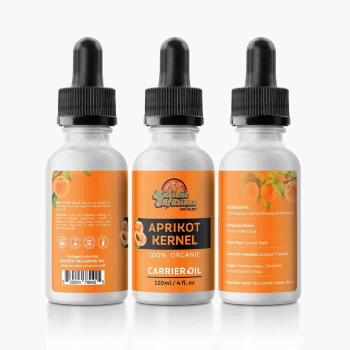 Organic apricot kernel oil by Ancient Infusions – 100% pure cold-pressed oil for skin nourishment, massage, and natural beauty care.