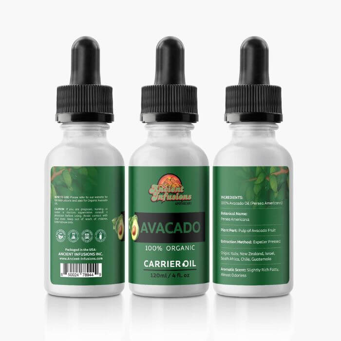 Organic avocado oil carrier oil by Ancient Infusions – 100% pure cold-pressed oil for skin hydration, hair care, and natural nourishment.