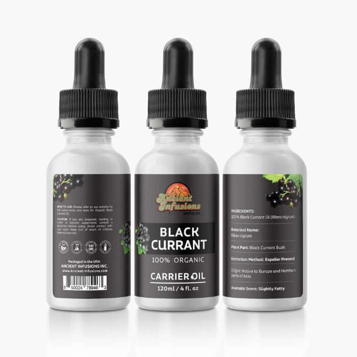 Organic black currant seed oil oil by Ancient Infusions – 100% pure cold-pressed oil for skin health, anti-aging, and hair nourishment.