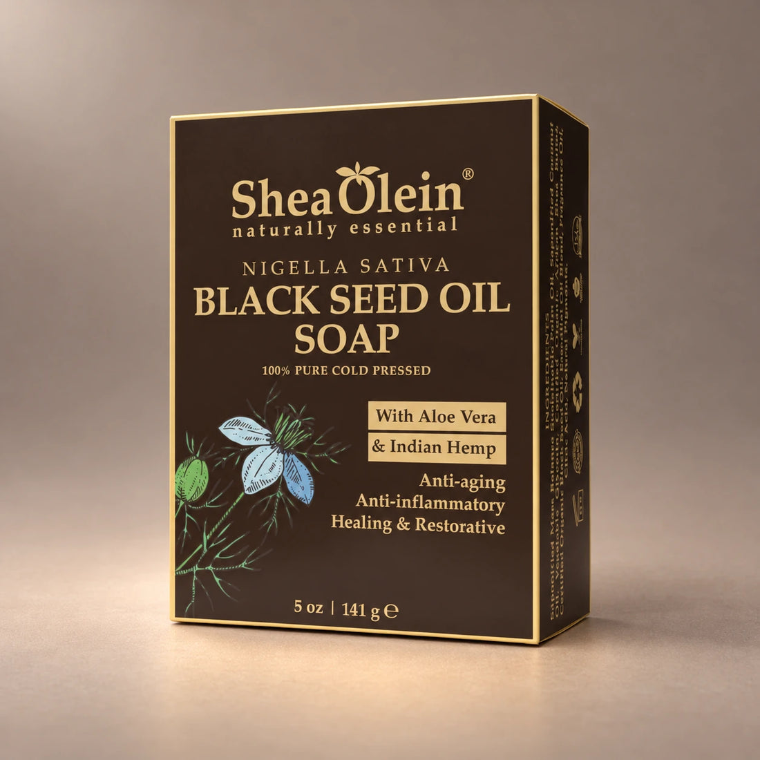 Shea Olein Black Seed Oil Bar Soap in its original 5 oz retail box.