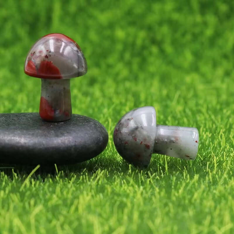 Bloodstone Carved Mushroom by Ancient Infusions - Side view showcasing artisanal craftsmanship.