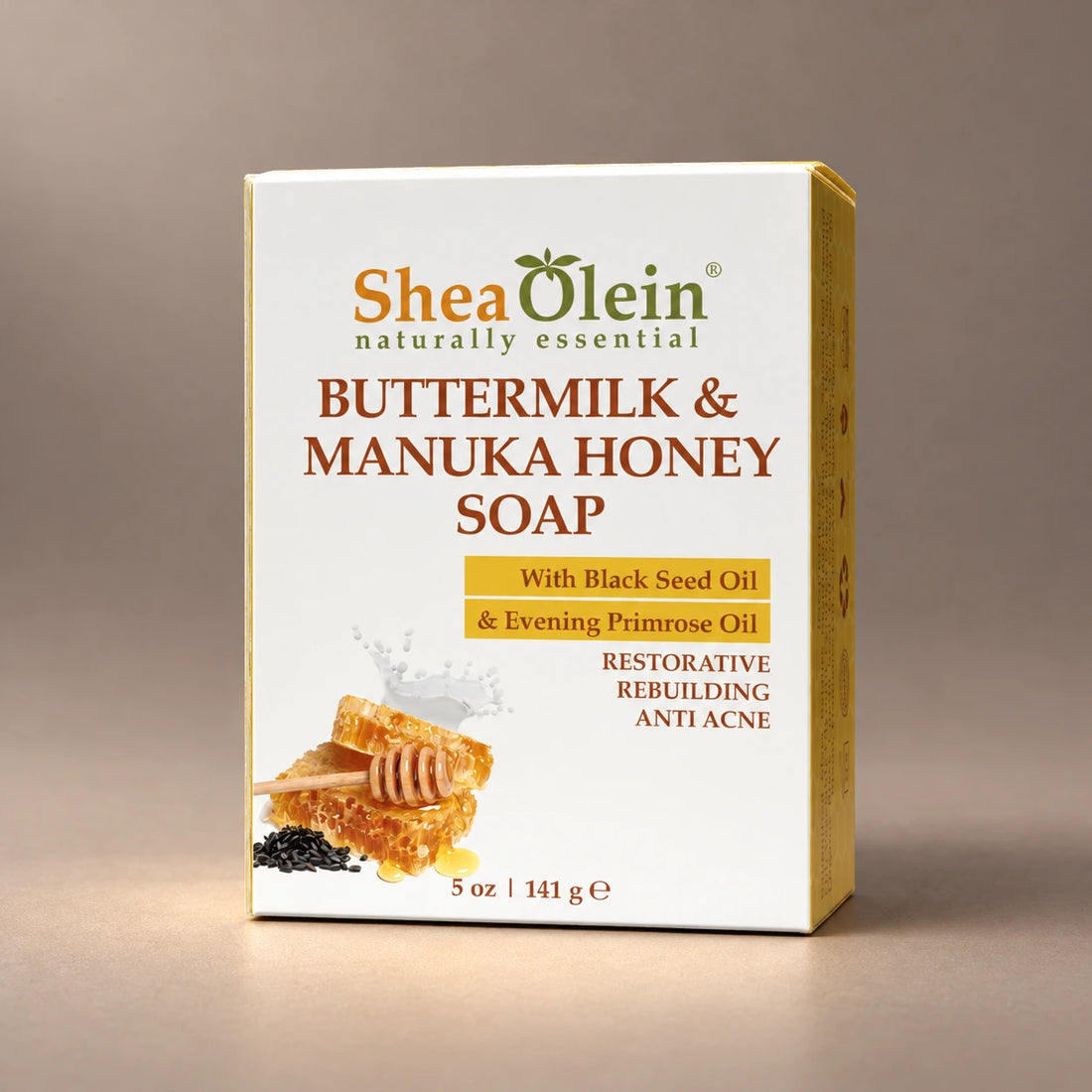 Shea Olein Buttermilk & Manuka Honey Bar Soap in its original 5 oz retail box.