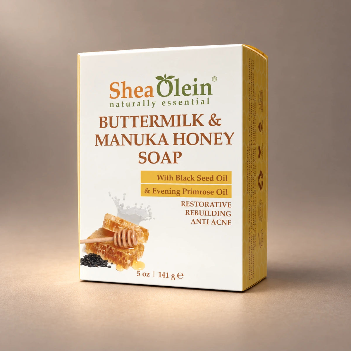 Shea Olein Buttermilk & Manuka Honey Bar Soap in its original 5 oz retail box.