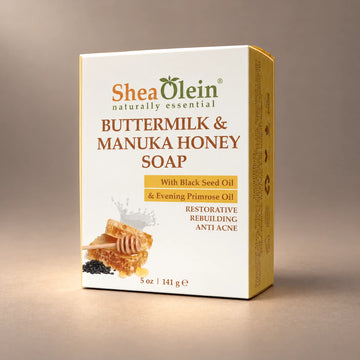 Shea Olein Buttermilk & Manuka Honey Bar Soap in its original 5 oz retail box.
