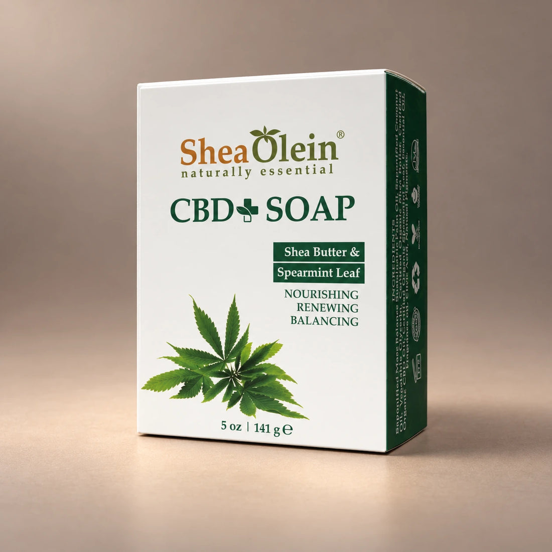 Shea Olein CBD Spearmint Bar Soap in its original 5 oz retail box.