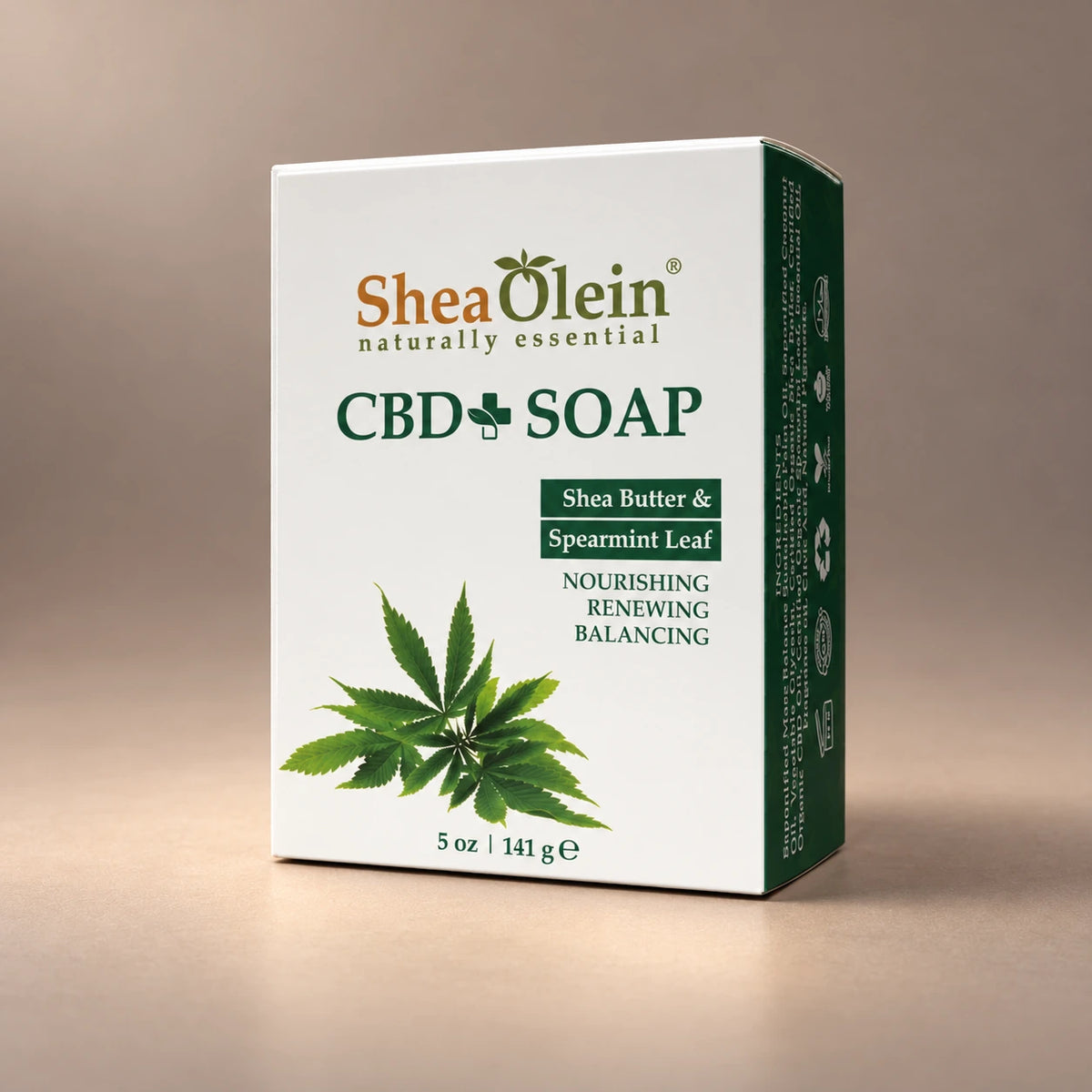 Label view of Shea Olein CBD Spearmint Bar Soap showing its original packaging artwork and 5 oz size.