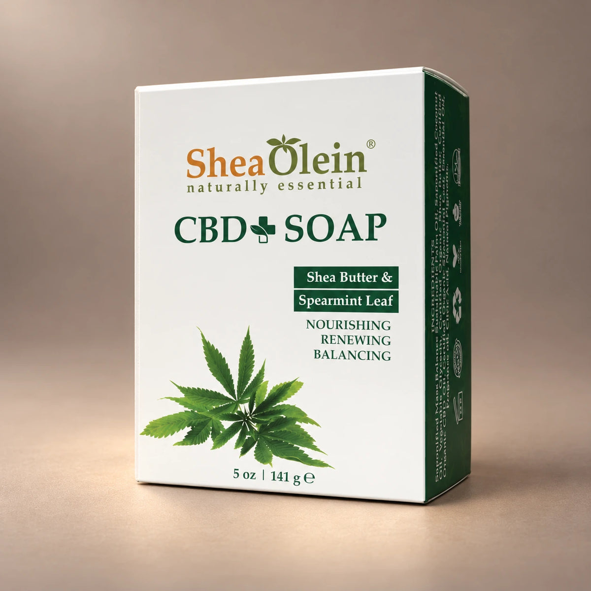 Shea Olein CBD Spearmint Bar Soap in its original 5 oz retail box.