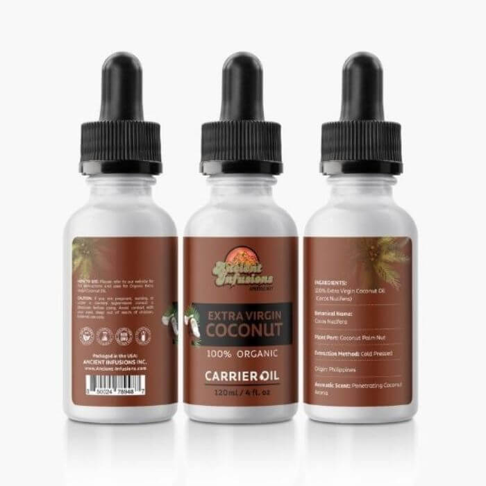 Organic extra virgin coconut oil carrier oil by Ancient Infusions – 100% pure cold-pressed oil for skin hydration, hair nourishment, and natural beauty care.